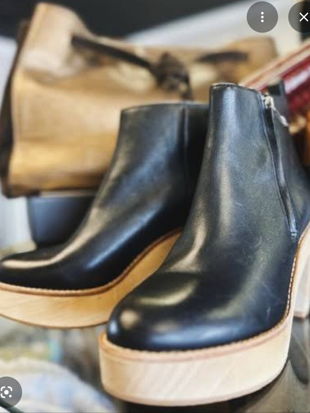ANTONIO MELANI Black Leather Platform Ankle Booties with Natural Wood Heel
